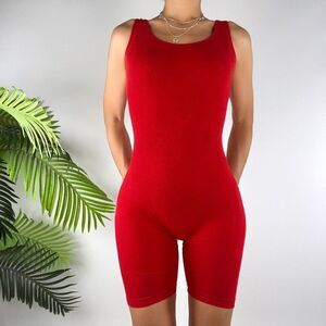 Vintage Y2K Red Sporty Casual Balletcore Dance Unitard Shorts Bodysuit / M